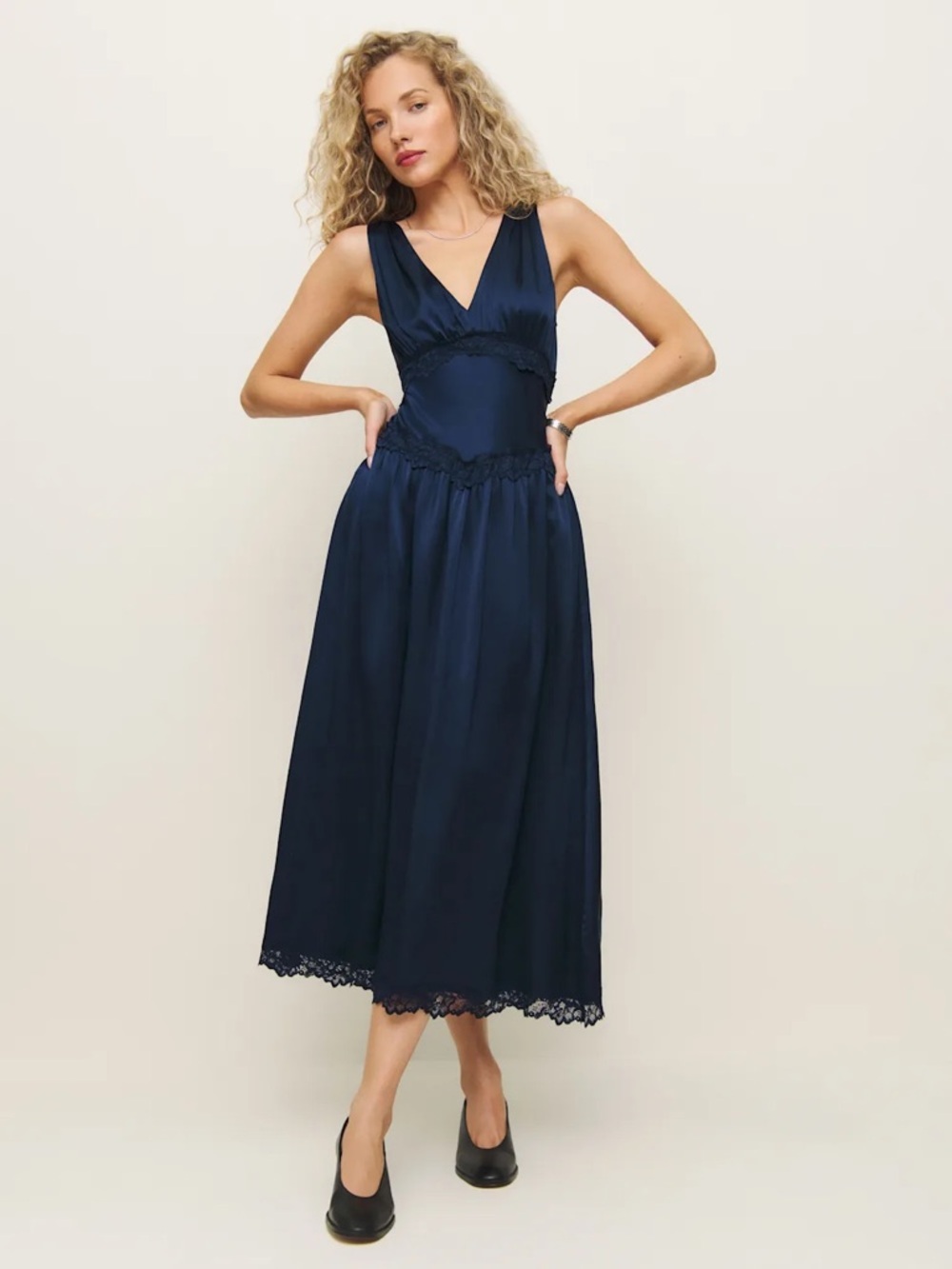 REFORMATION Stasia Silk Dress in Navy 4